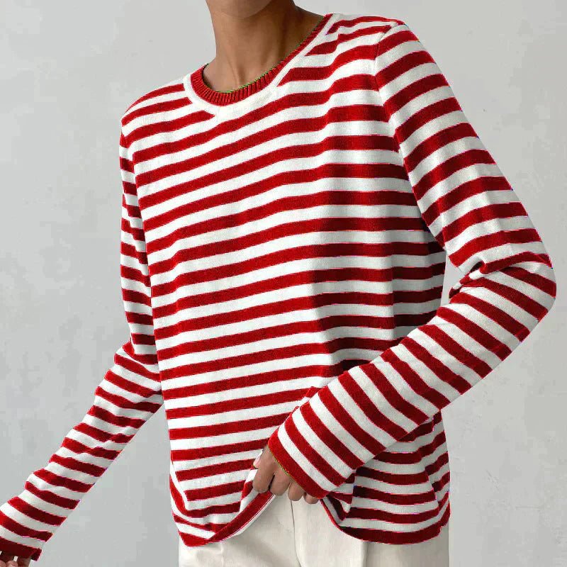 Women's Relaxed-Fit Long-Sleeve Striped Sweater - Red
