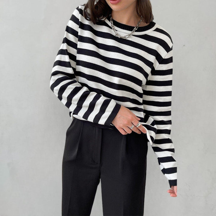 Women's Relaxed-Fit Long-Sleeve Striped Sweater - Black