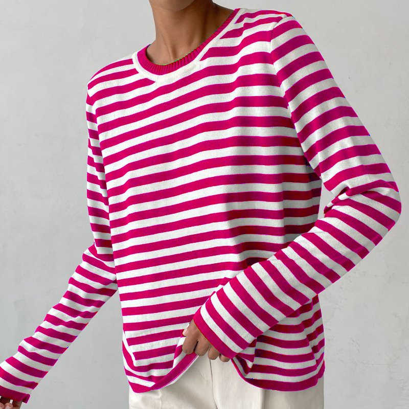 Women's Relaxed-Fit Long-Sleeve Striped Sweater - Pink