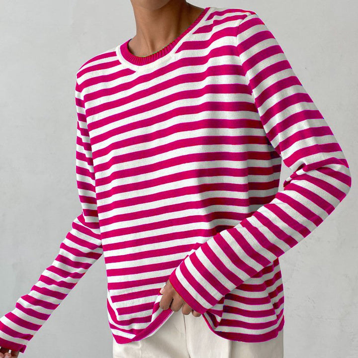 Women's Relaxed-Fit Long-Sleeve Striped Sweater - Pink