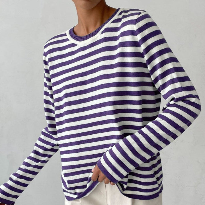 Women's Relaxed-Fit Long-Sleeve Striped Sweater - Purple