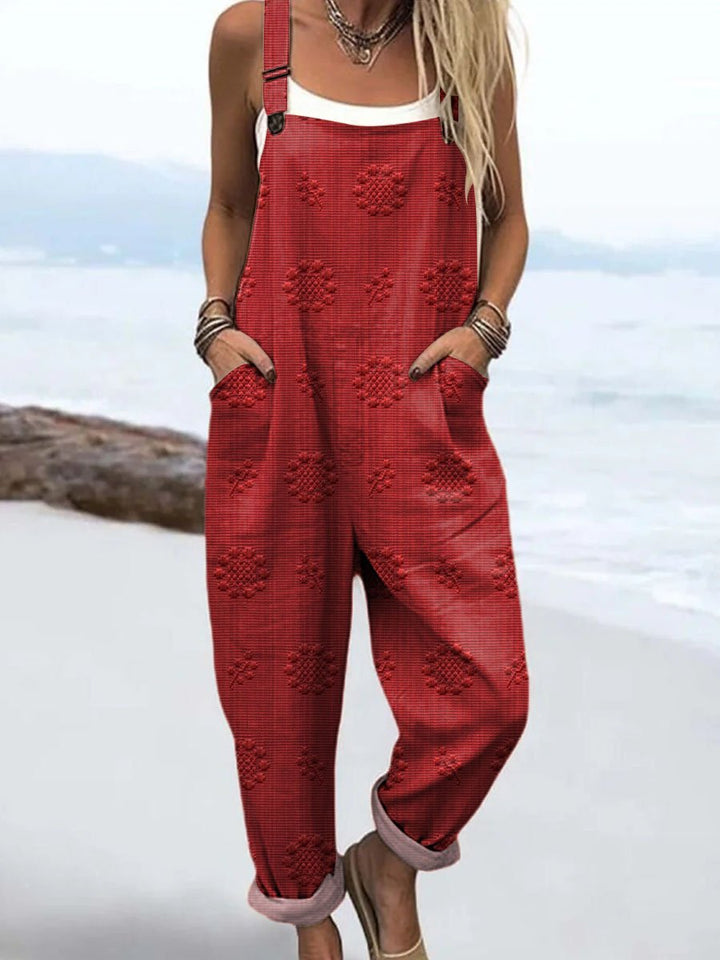 Women's Relaxed Wide-Leg Adjustable-Strap Jumpsuit - Red