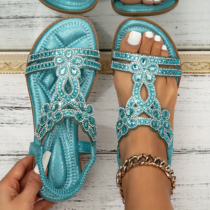 Women's Rhinestone Embellished Boho Orthopedic Flat Sandals - Hemelsblauw