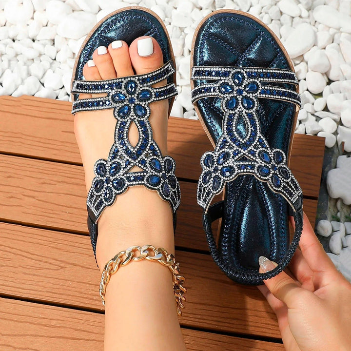 Women's Rhinestone Embellished Boho Orthopedic Flat Sandals - Blauw