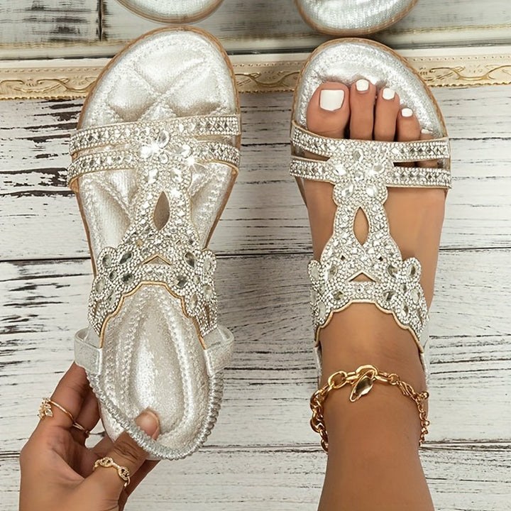 Women's Rhinestone Embellished Boho Orthopedic Flat Sandals - Zilver