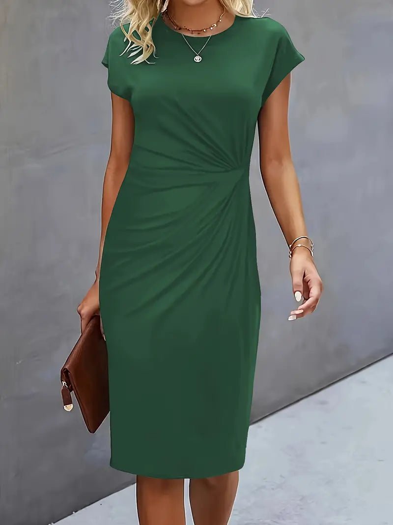 Women's Ruched Twist-Waist Cap-Sleeve Bodycon Midi Dress - Dark Green