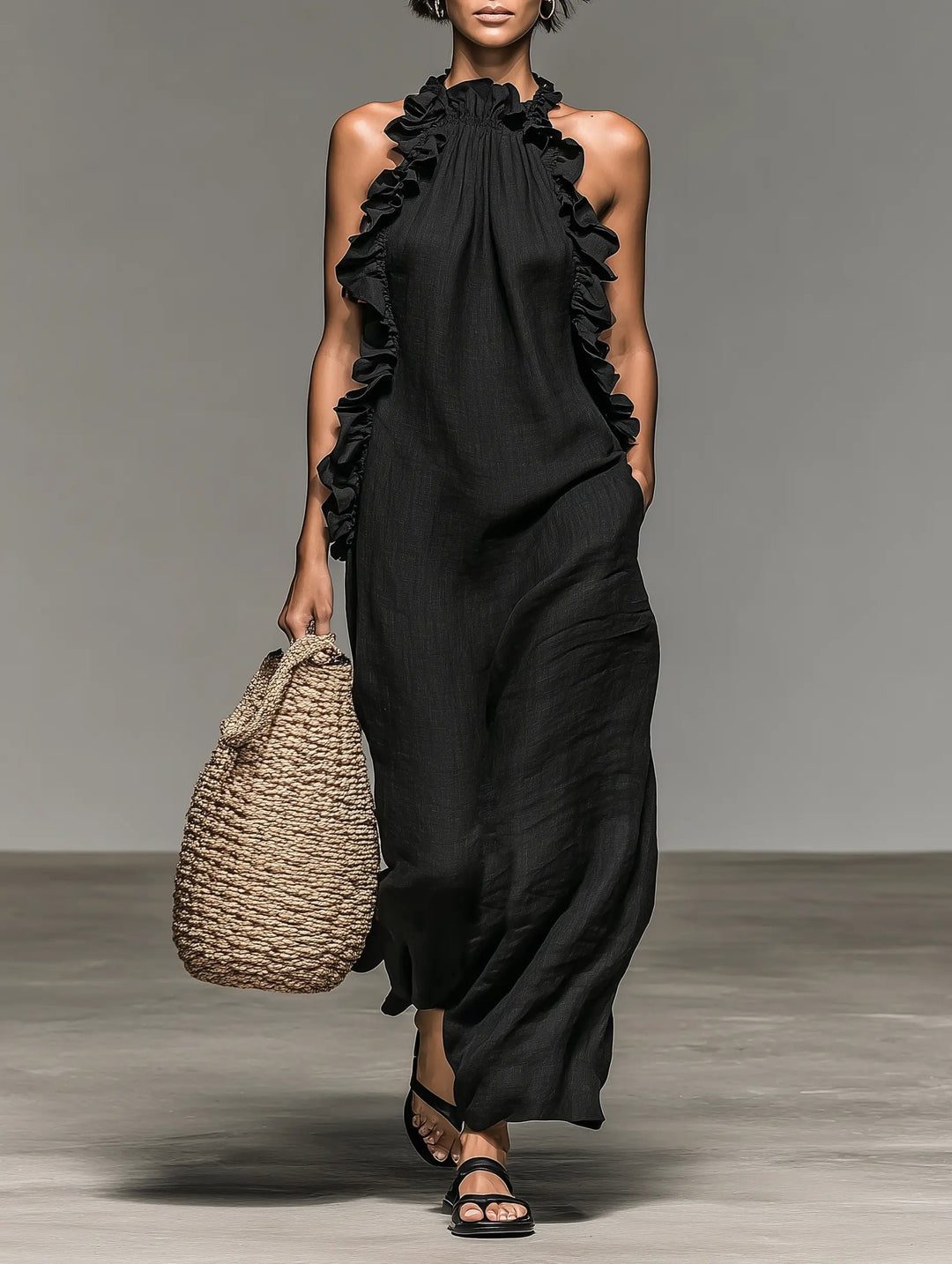 Women's Ruffle-Trim Linen Sleeveless Halter Maxi Dress - Black