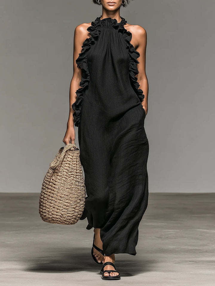 Women's Ruffle-Trim Linen Sleeveless Halter Maxi Dress - Black