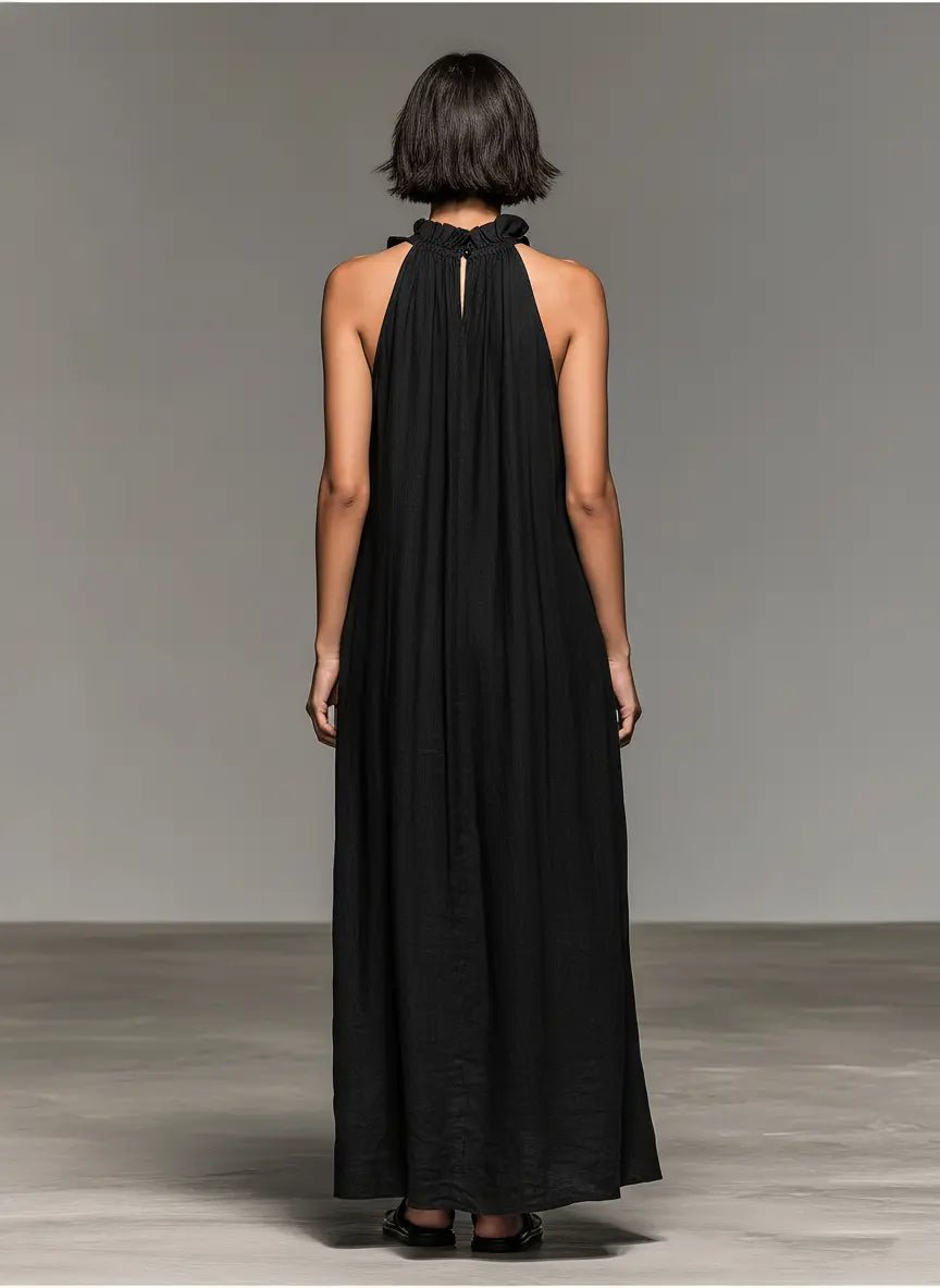 Women's Ruffle-Trim Linen Sleeveless Halter Maxi Dress