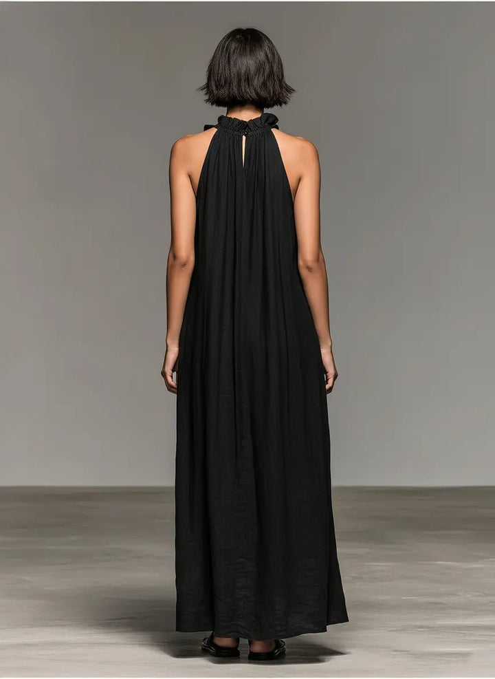 Women's Ruffle-Trim Linen Sleeveless Halter Maxi Dress