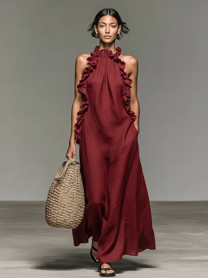 Women's Ruffle-Trim Linen Sleeveless Halter Maxi Dress - Red