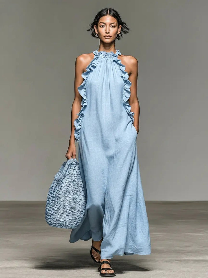 Women's Ruffle-Trim Linen Sleeveless Halter Maxi Dress - Light Blue