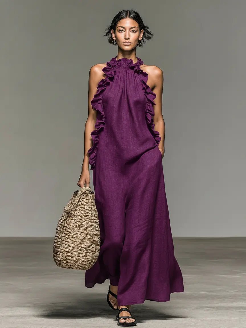 Women's Ruffle-Trim Linen Sleeveless Halter Maxi Dress - Purple