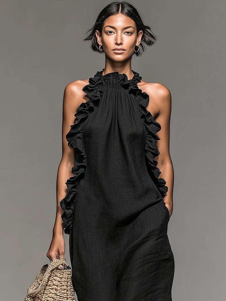Women's Ruffle-Trim Linen Sleeveless Halter Maxi Dress