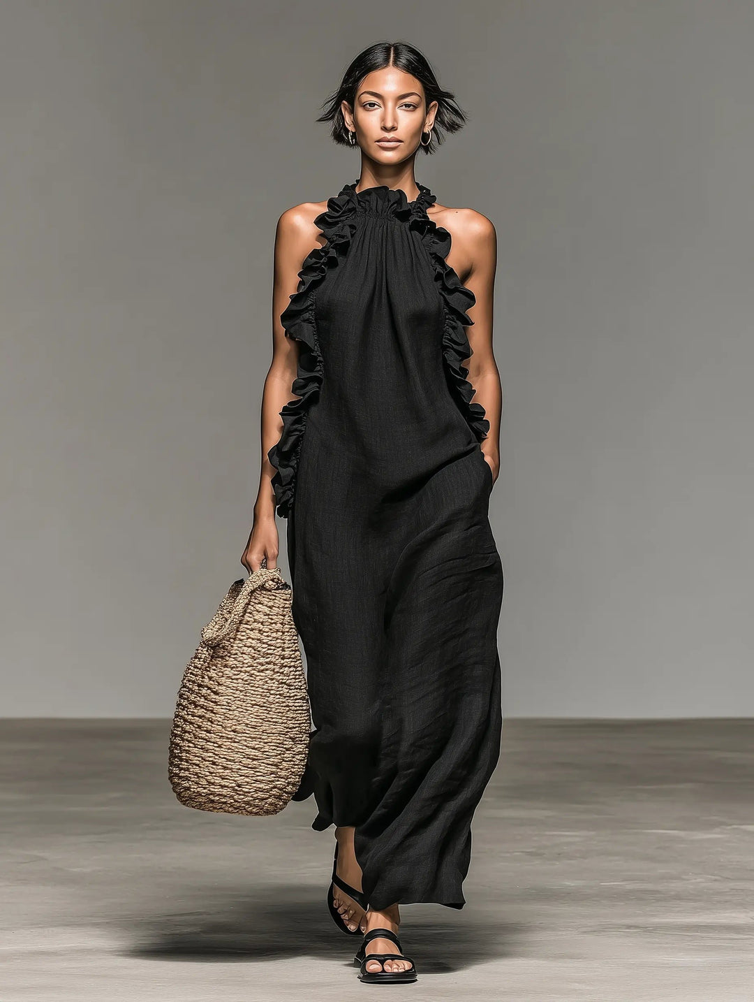 Women's Ruffle-Trim Linen Sleeveless Halter Maxi Dress