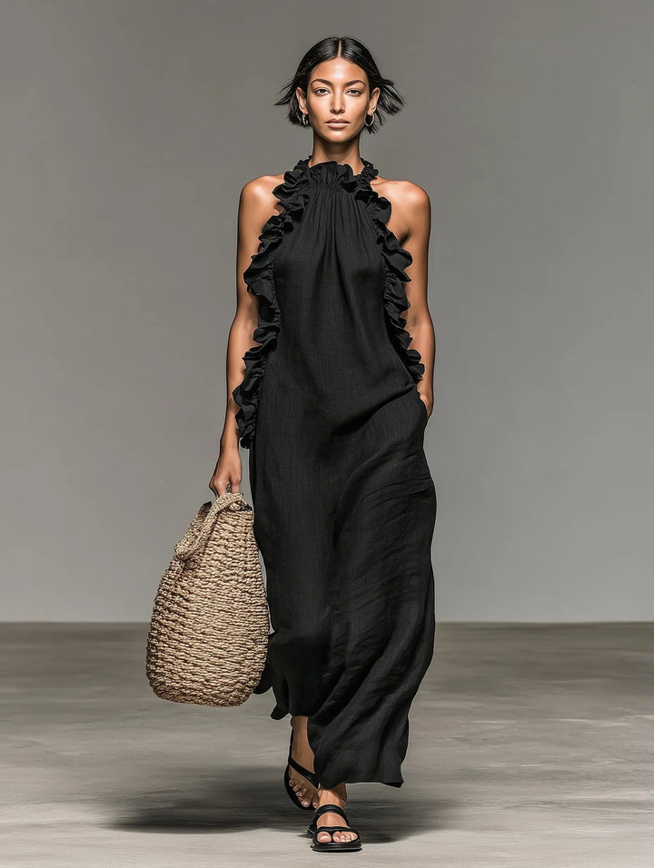 Women's Ruffle-Trim Linen Sleeveless Halter Maxi Dress