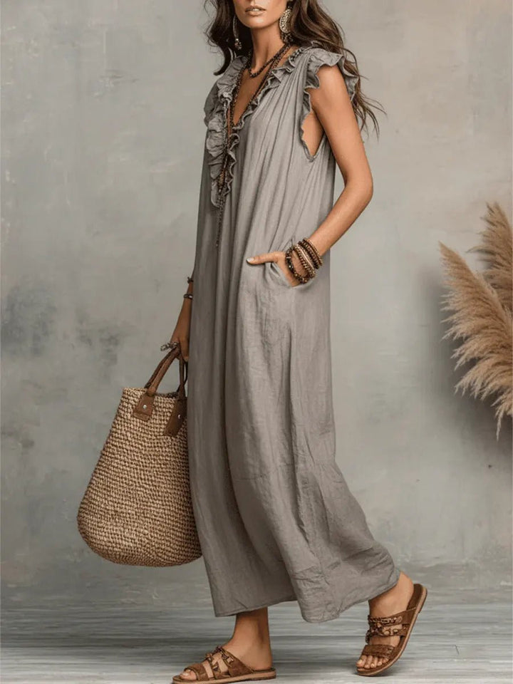 Women's Ruffle V-Neck Flutter Sleeve Linen Maxi Dress