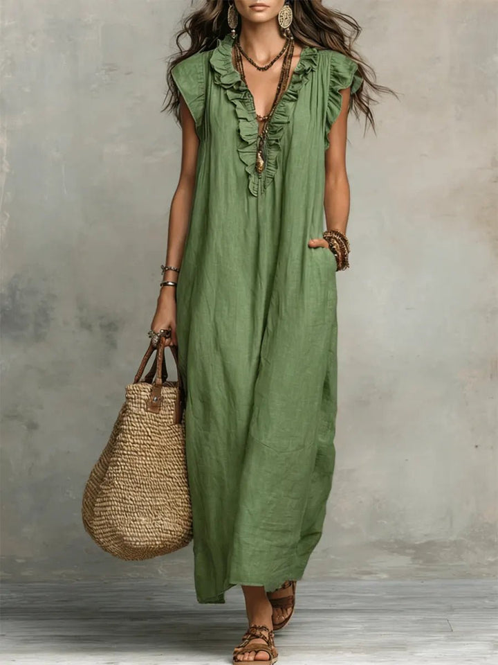 Women's Ruffle V-Neck Flutter Sleeve Linen Maxi Dress - Green