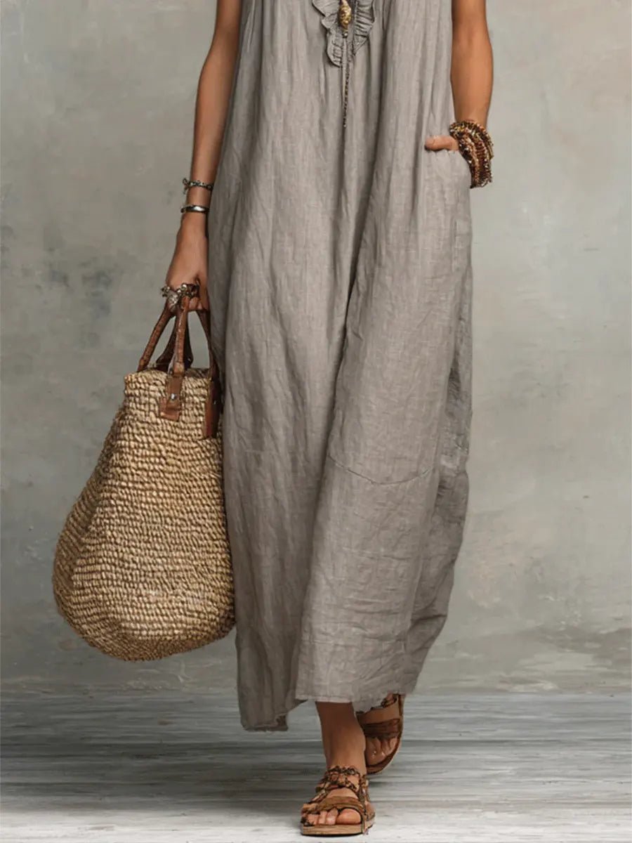 Women's Ruffle V-Neck Flutter Sleeve Linen Maxi Dress