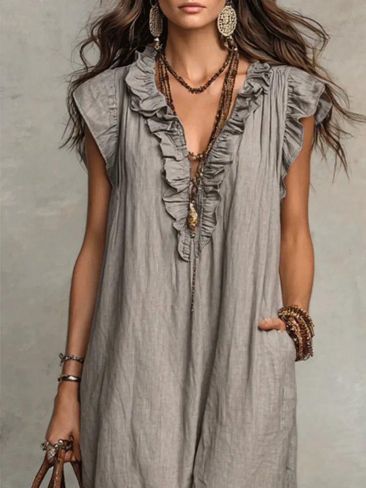 Women's Ruffle V-Neck Flutter Sleeve Linen Maxi Dress