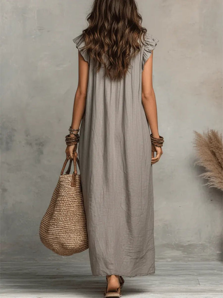 Women's Ruffle V-Neck Flutter Sleeve Linen Maxi Dress