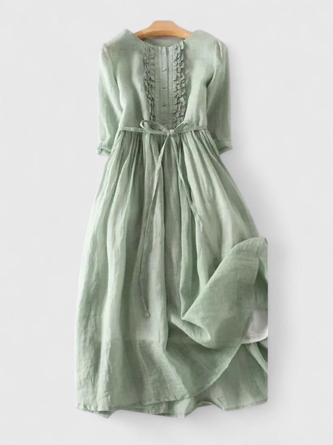 Women's Sage Green Linen Cotton Mid-Length Lace-Up Dress - Green