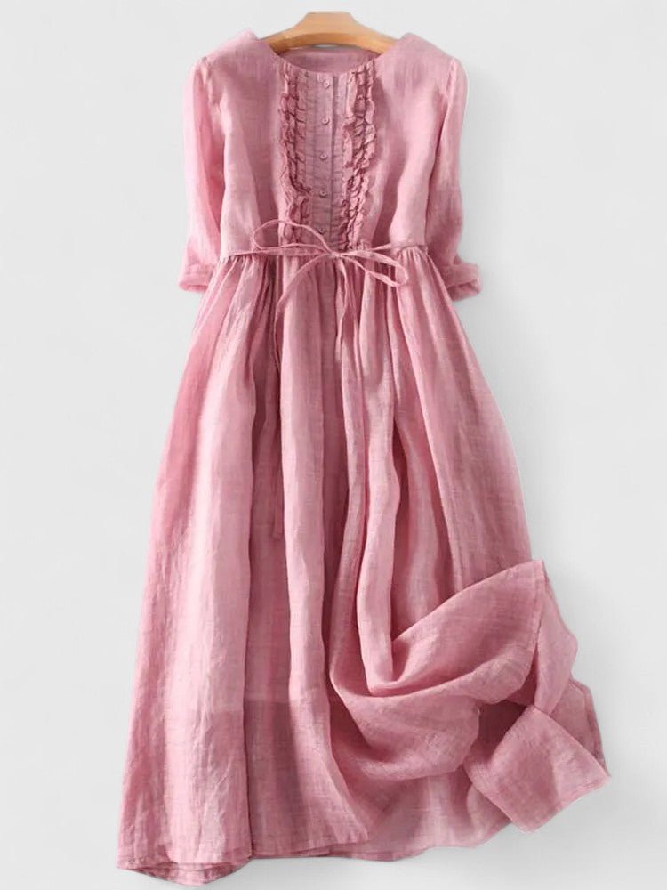 Women's Sage Green Linen Cotton Mid-Length Lace-Up Dress - Pink