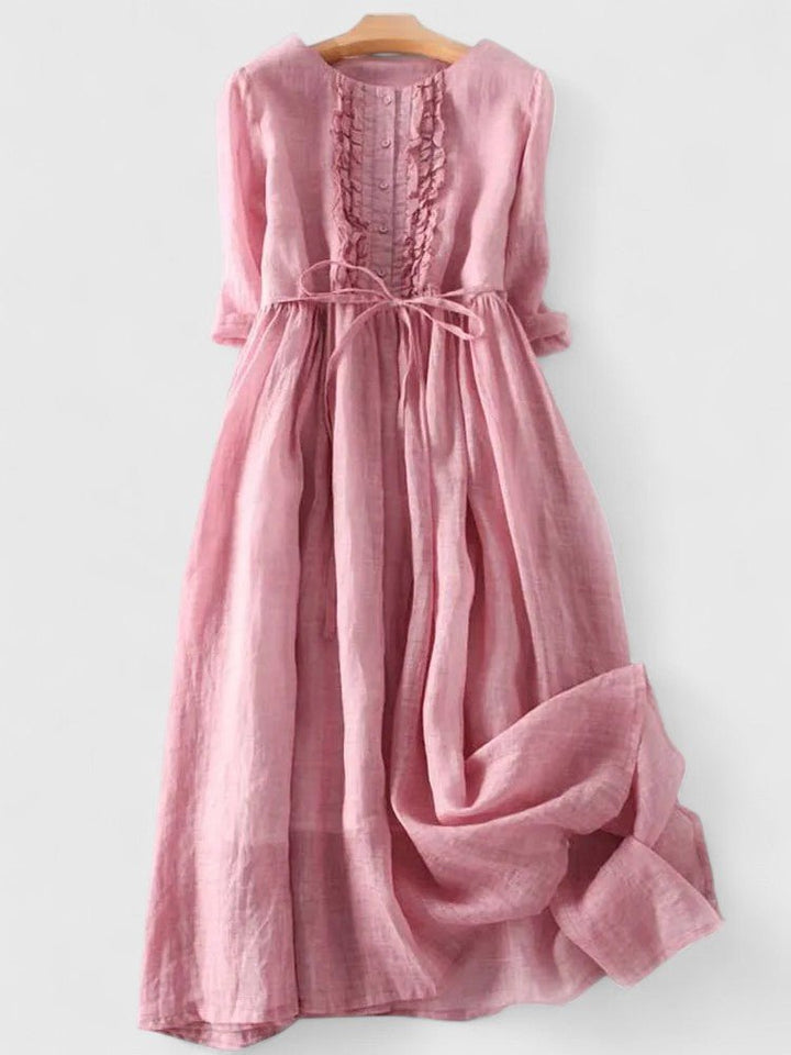 Women's Sage Green Linen Cotton Mid-Length Lace-Up Dress - Pink