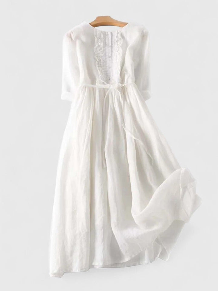 Women's Sage Green Linen Cotton Mid-Length Lace-Up Dress - White