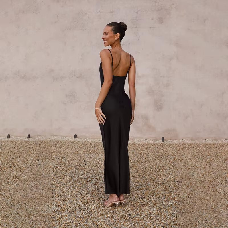 Women's Satin Backless High-Slit Bodycon Maxi Dress