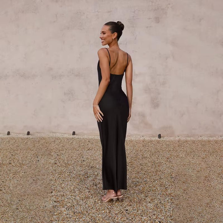 Women's Satin Backless High-Slit Bodycon Maxi Dress