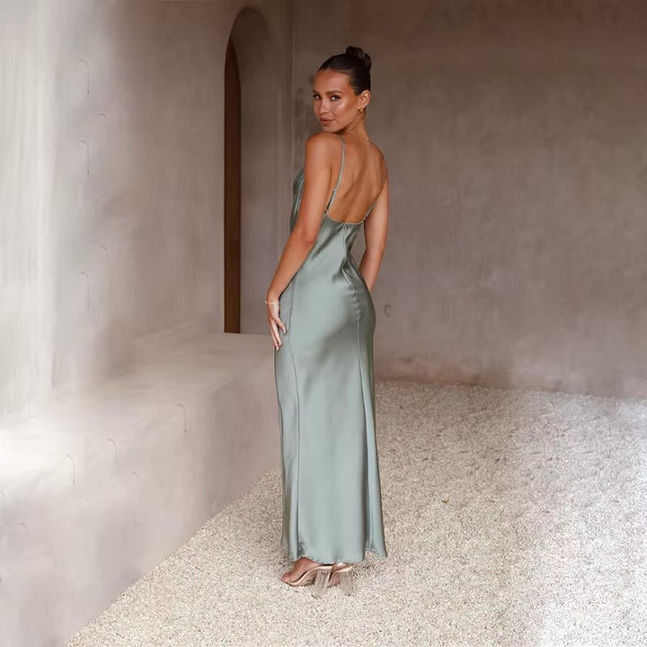 Women's Satin Backless High-Slit Bodycon Maxi Dress