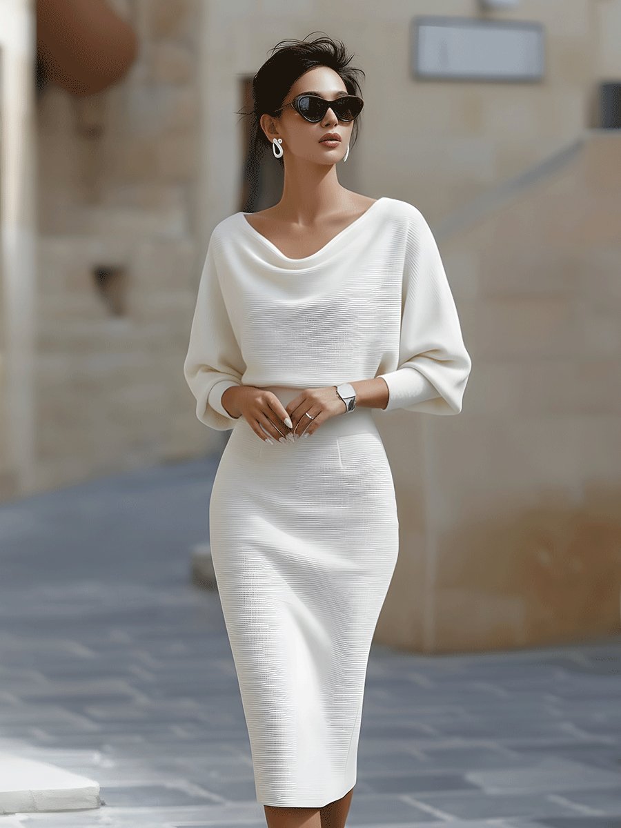 Women's Satin Cowl-Neck Batwing Bodycon Midi Dress