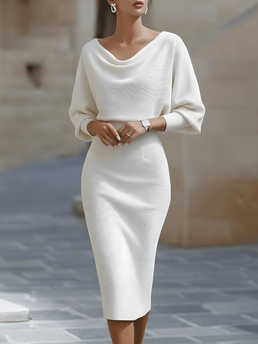 Women's Satin Cowl-Neck Batwing Bodycon Midi Dress - White
