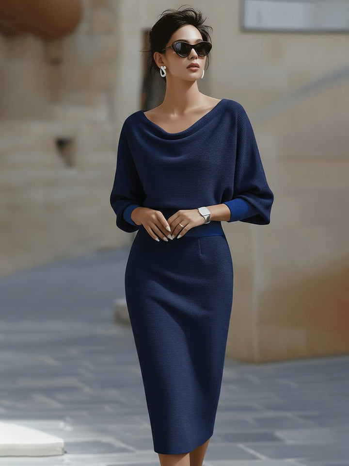Women's Satin Cowl-Neck Batwing Bodycon Midi Dress - Navy