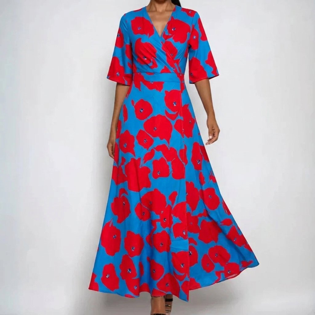 Women's Satin Floral Wrap V-Neck Belted Maxi Dress - Red