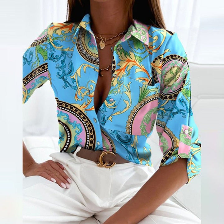 Women's Satin Geometric Print Button-Down Blouse - Light Blue