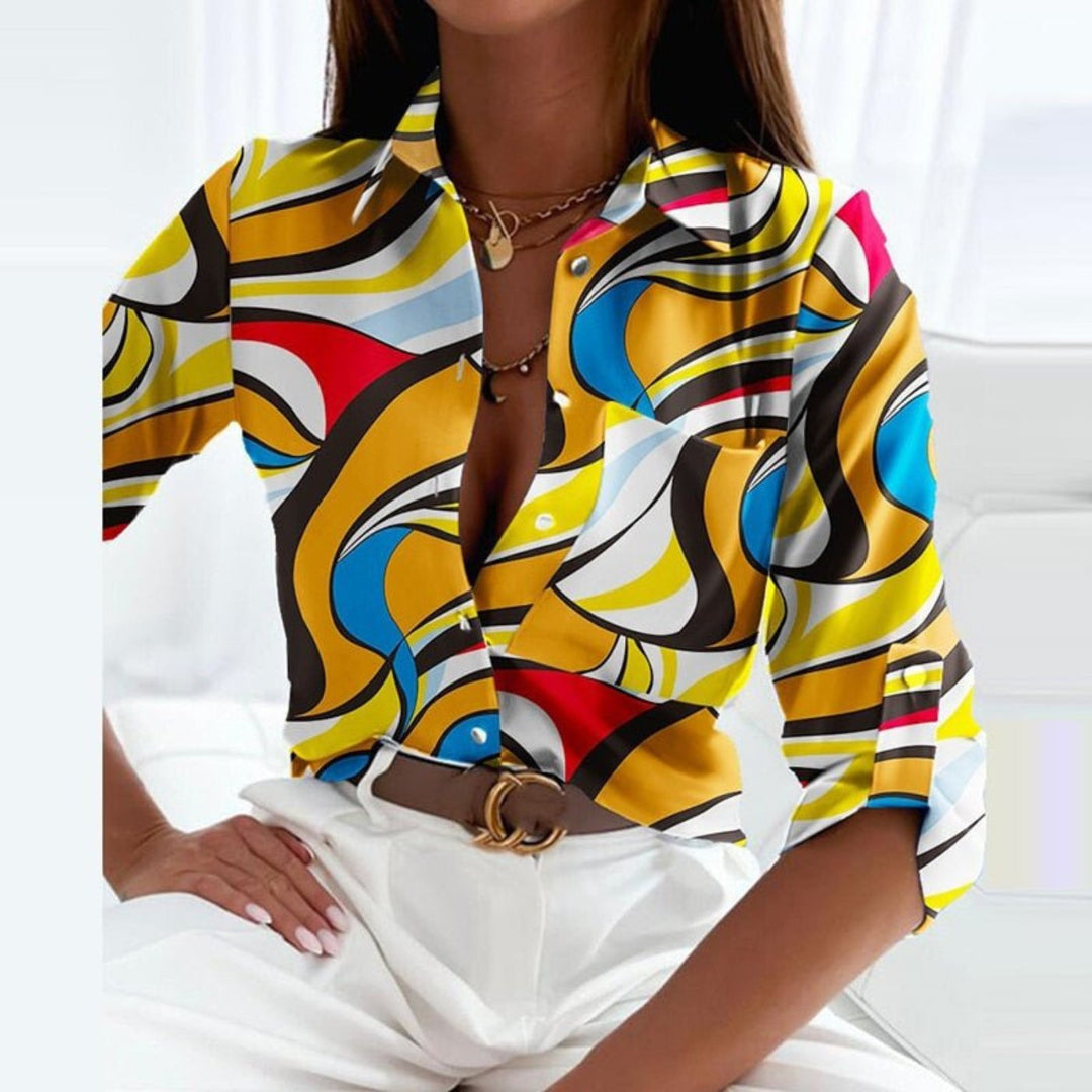 Women's Satin Geometric Print Button-Down Blouse - Yellow
