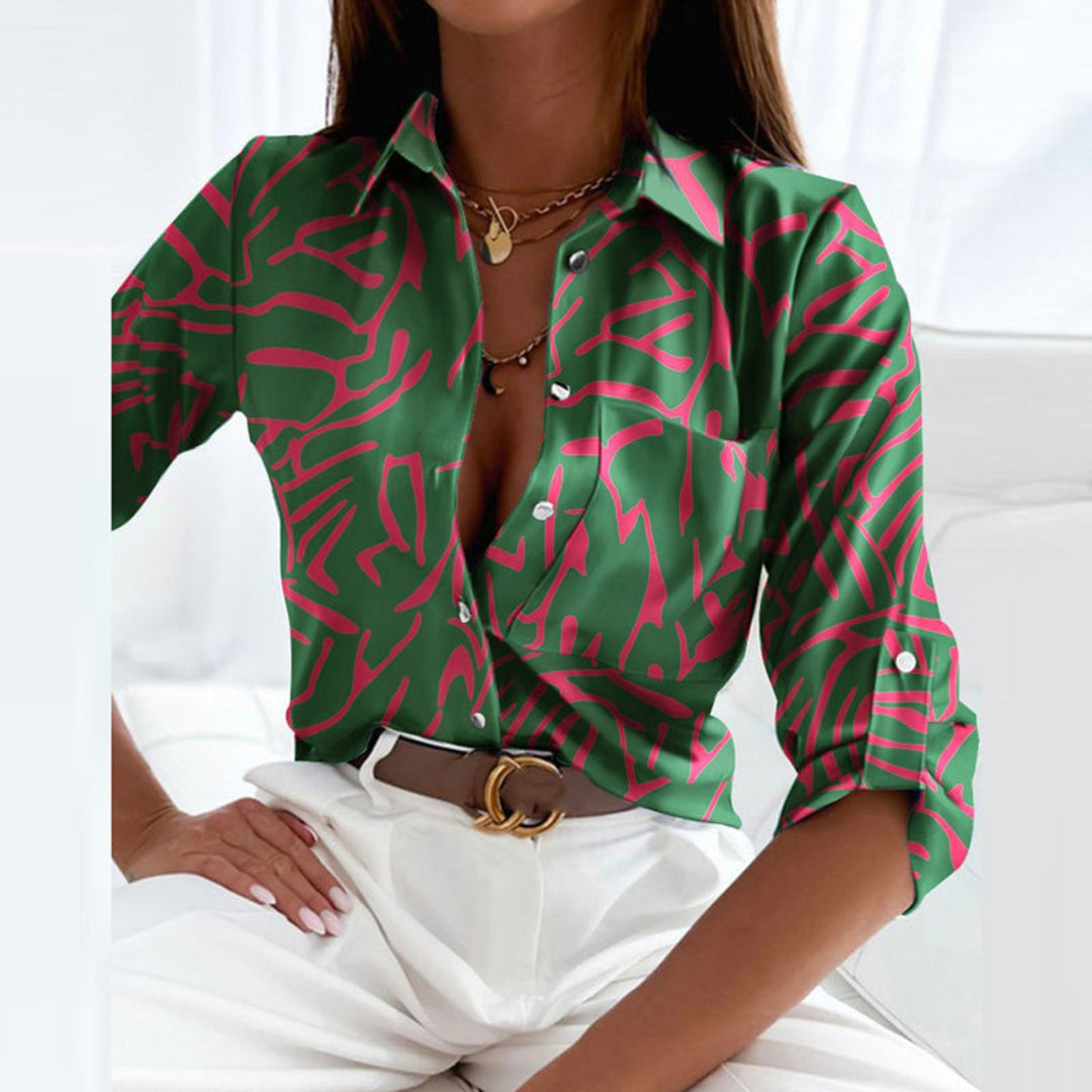 Women's Satin Geometric Print Button-Down Blouse - Dark Green