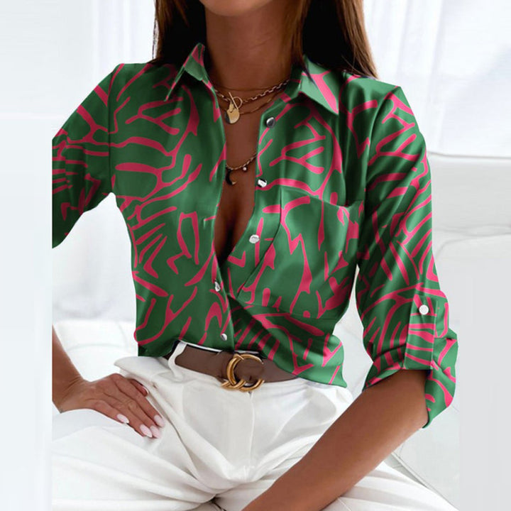 Women's Satin Geometric Print Button-Down Blouse - Dark Green