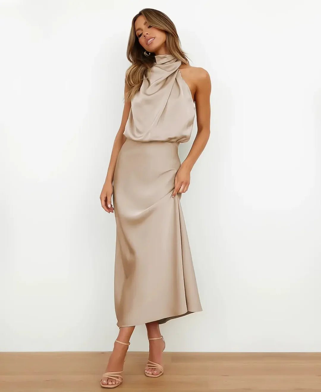 Women's Satin Halter-Neck Midi Dress