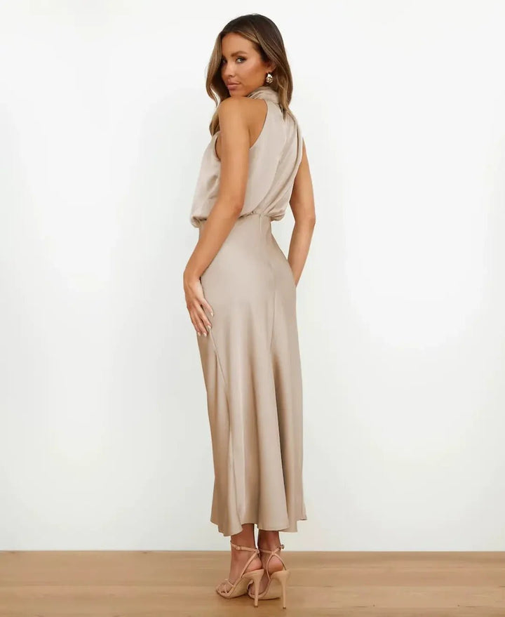 Women's Satin Halter-Neck Midi Dress