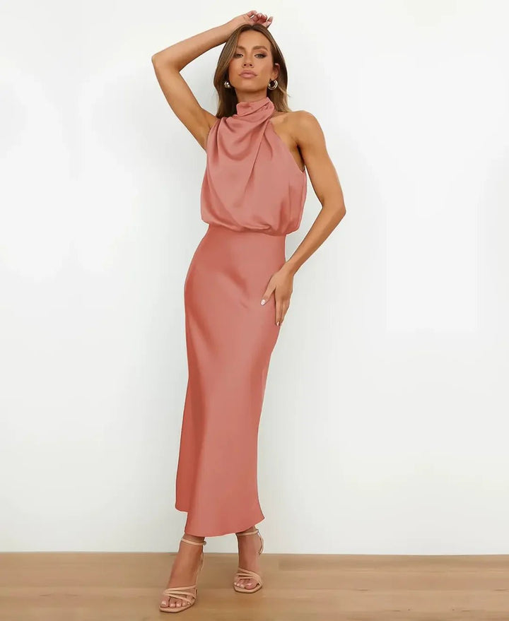Women's Satin Halter-Neck Midi Dress