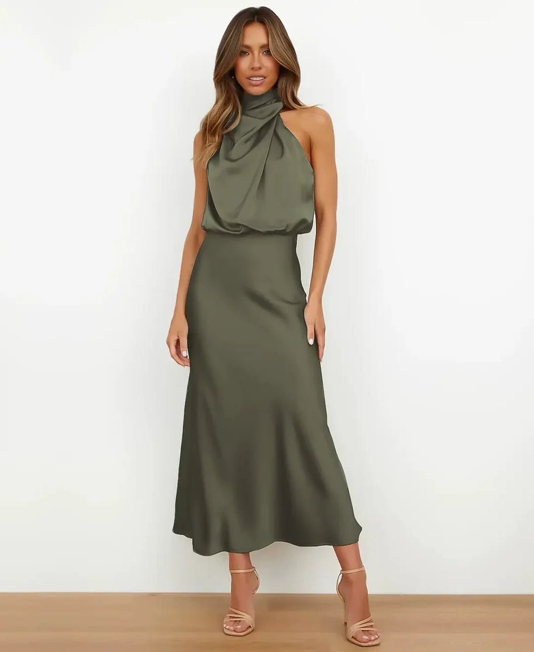 Women's Satin Halter-Neck Midi Dress
