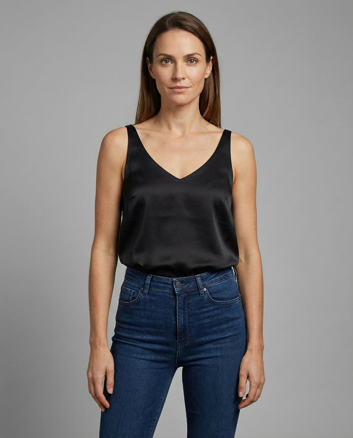 Women's Satin V-Neck Wide-Strap Camisole Top - Black