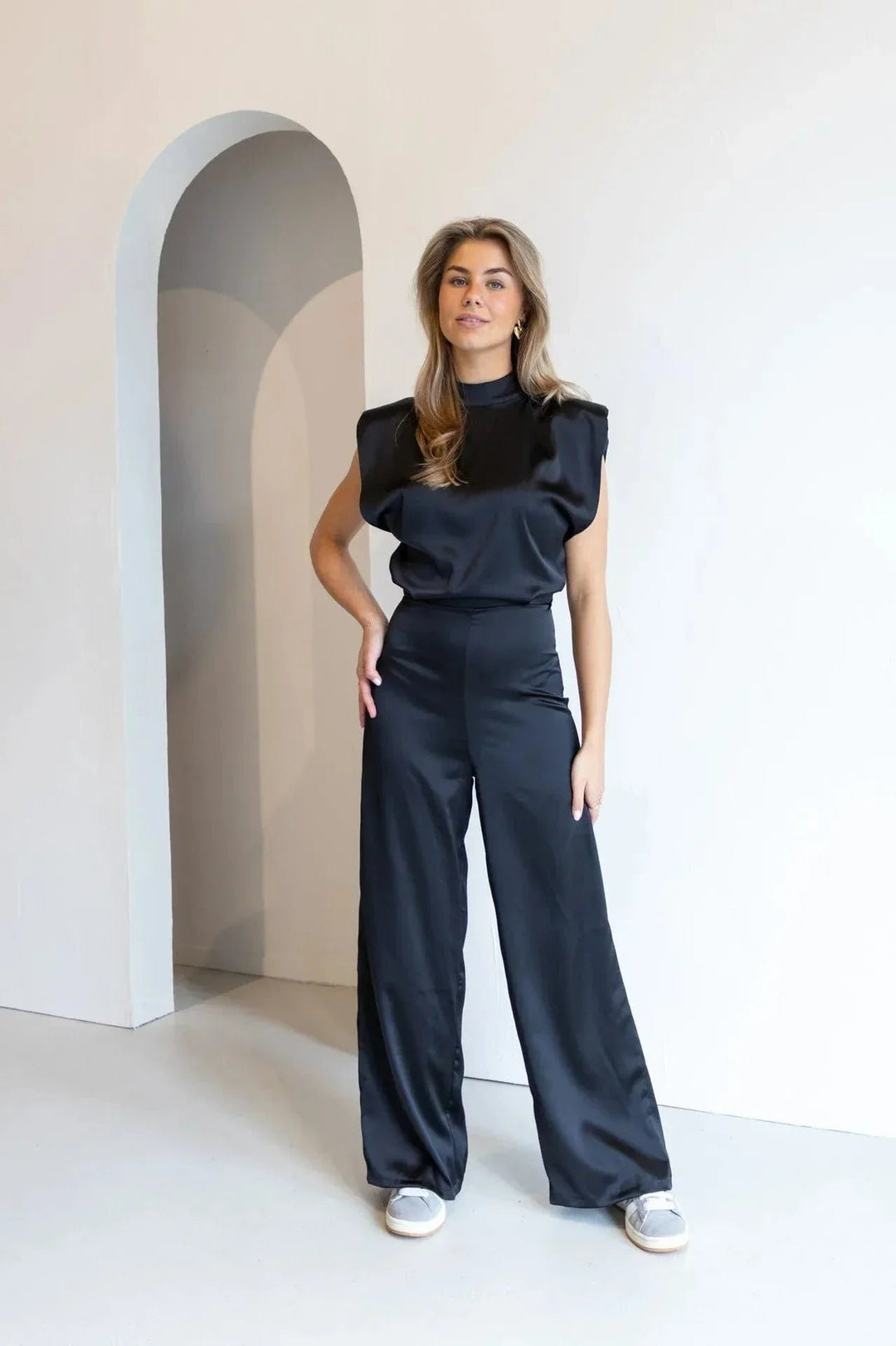 Women's Satin Wide-Leg Sleeveless Open-Back Jumpsuit