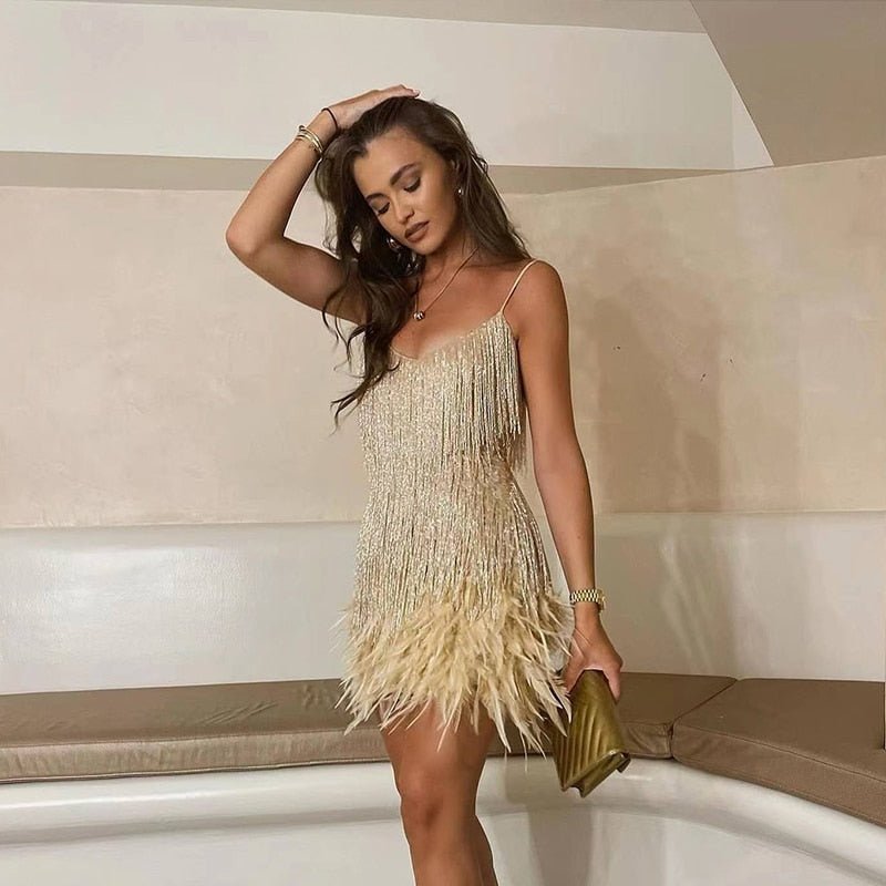 Women's Sequin Fringe V-Neck Mini Dress - Beige
