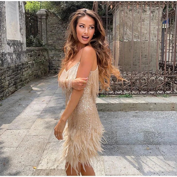 Women's Sequin Fringe V-Neck Mini Dress