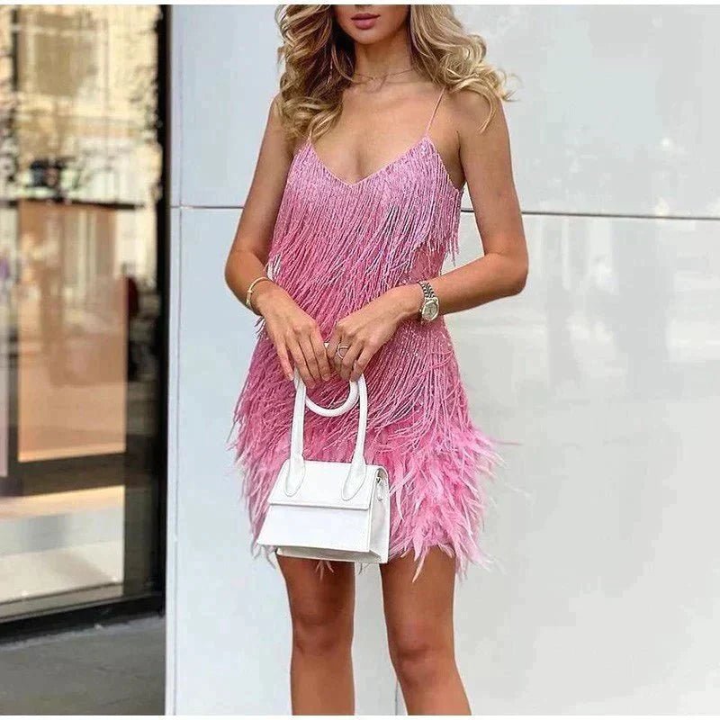 Women's Sequin Fringe V-Neck Mini Dress - Pink