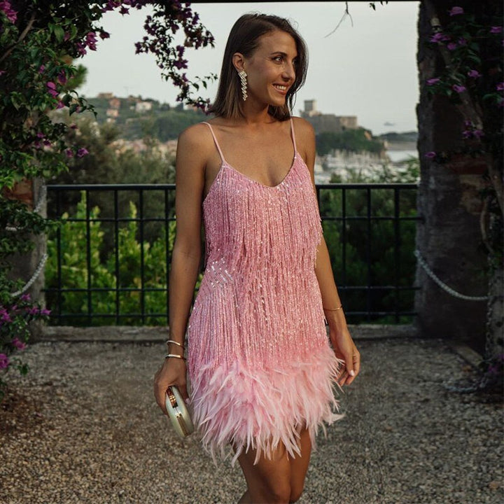 Women's Sequin Fringe V-Neck Mini Dress